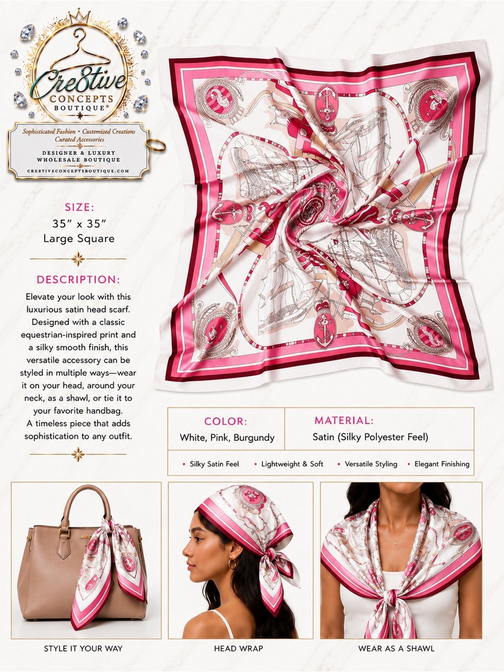 Satin Luxurious, Handbag/Shawl or Scarf Silky Square Versatile-Pink/Burg
